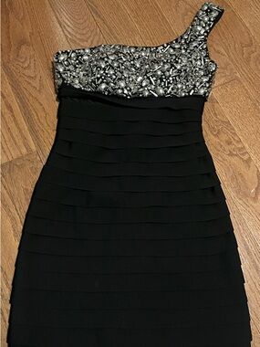 Tony Bowls Black One-Shoulder Beaded Midi Dress